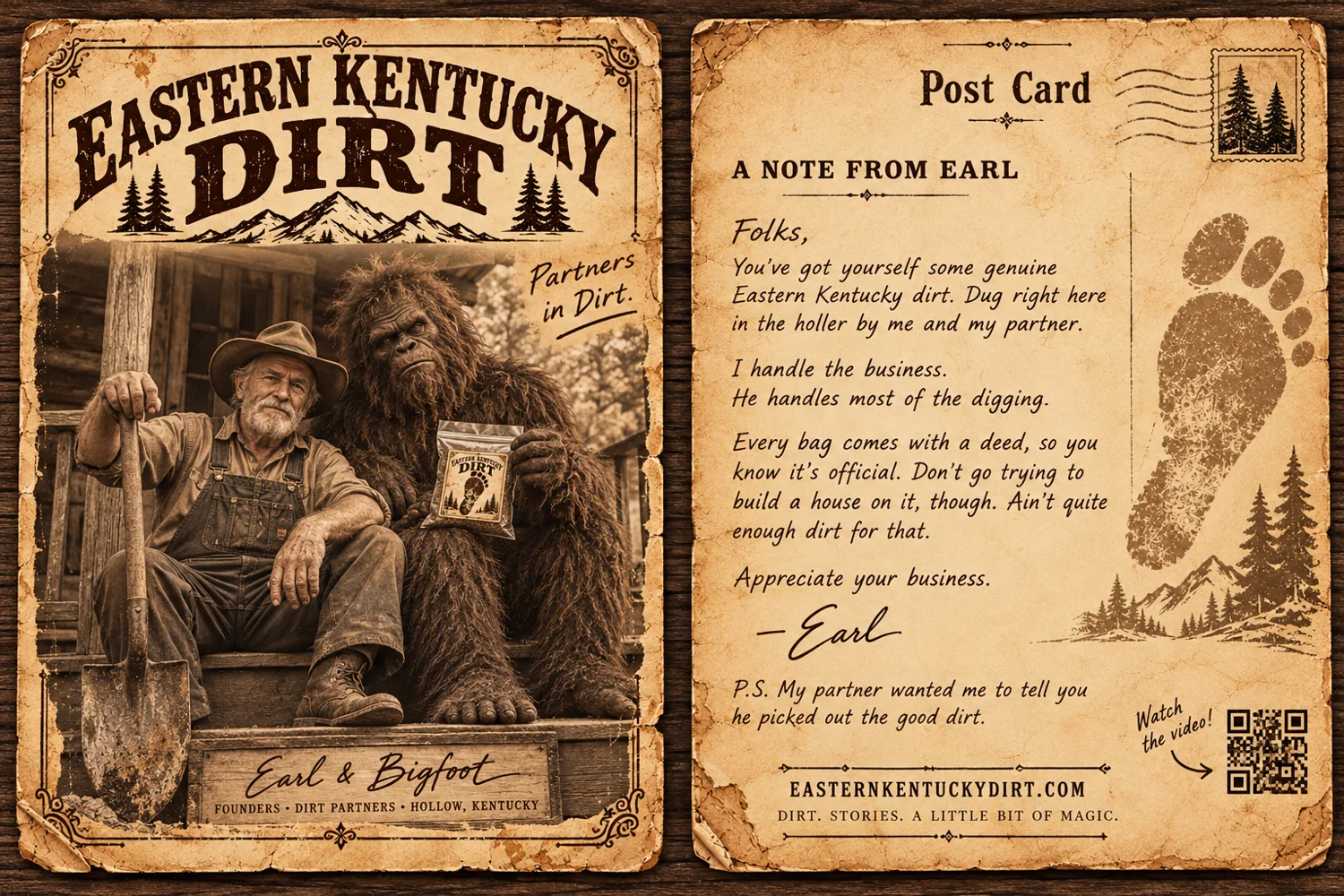 Earl and Bigfoot collectible postcard, front and back